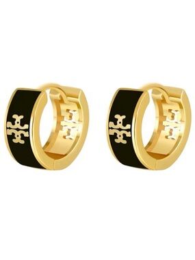 TORY BURCH GOLD & BLACK LOGO HUGGIE HOOP EARRINGS